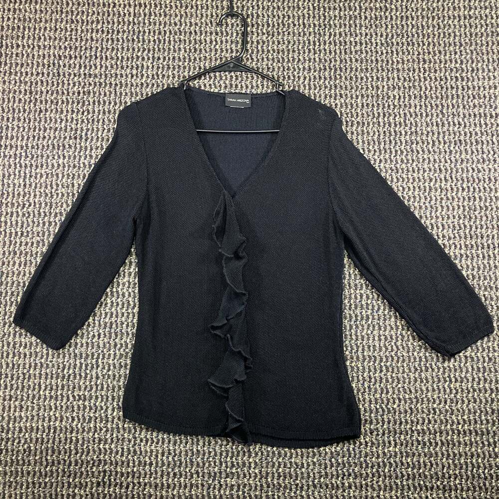 Sarah Arizona Women's M Black Ruffle Front Button Cardigan Sweater Made USA